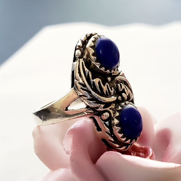 Shube sterling Southwestern Lapis Sterling Feather Swirl Ring 5 - Picture 9 of 14